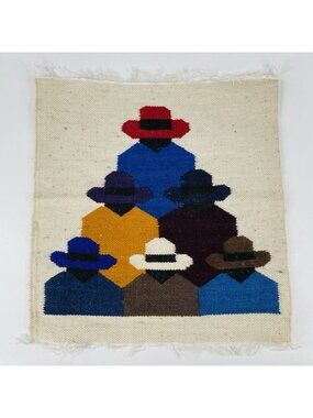 Hand Woven Peruvian Ecuadorian Wool Textile 6 People Figures w/ Hats 14.75"x15"